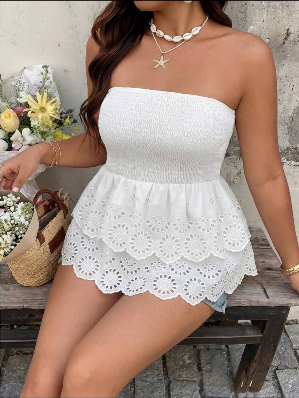 Plus Size Boho White Strapless Lace Eyelet Peplum Top Blouse Shirt